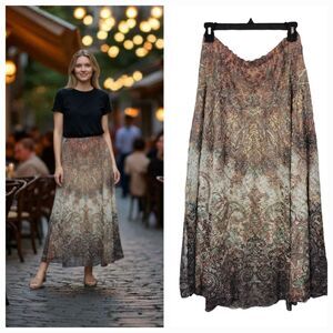 Reba Bohemian Southwestern Paisley Printed Lace Midi Skirt in Natural Size Large